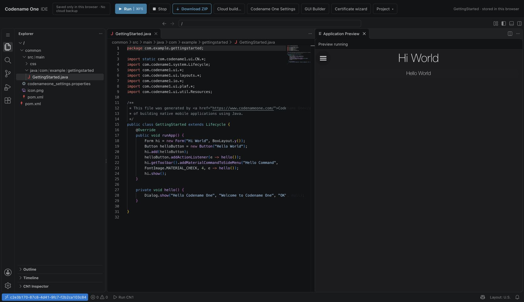 The experimental browser IDE with Java source and its running starter app