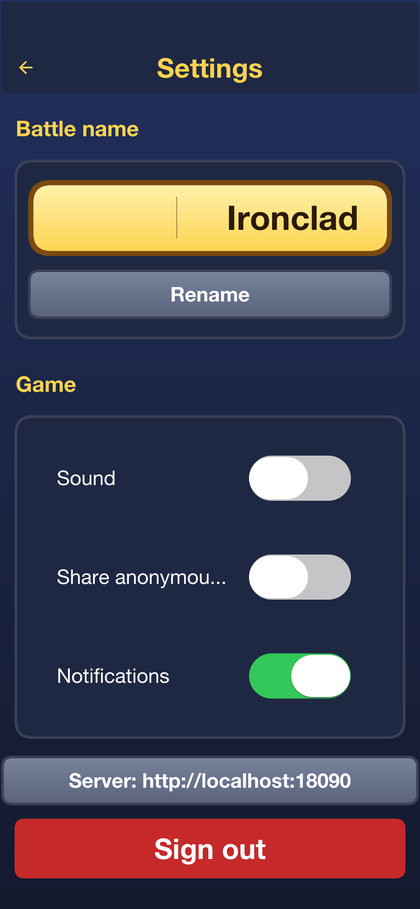 The settings screen with the battle name, sound, notification and privacy switches, and the server address