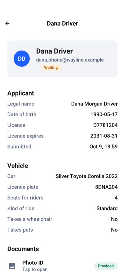 A driving application as an administrator reads it, with the applicant’s details and the vehicle